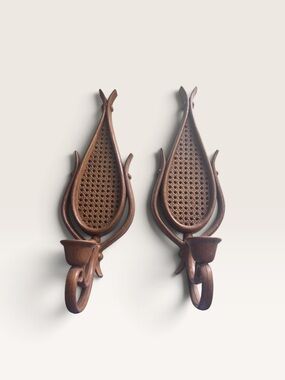 Pair Of Vintage Homco Faux Rattan Wicker Wall
Candle Sconces
Teardrop Shape 1981